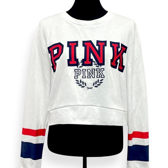 PINK Victoria’s Secret Logo Cropped Sweatshirt L White Colorblock Crewneck Y2K - Picture 1 of 8